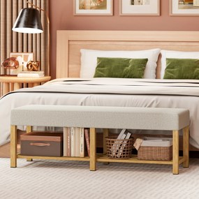 HOMCOM 140 cm Ławka na buty z drewna litego, nowoczesna ławka do przedpokoju z tapicerowanym siedziskiem dla dwóch osób, naturalne drewno i kremowy kolor | Aosom PL