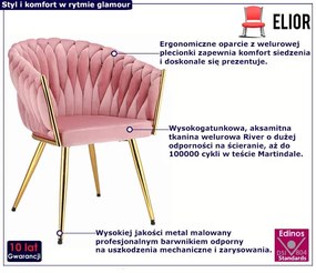 Różowe plecione krzesło glamour na złotych nogach - Azrel