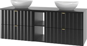 Czarny Zestaw Łazienkowy 140cm Szafka z Blatem Regał Umywalka Ryflowane Fronty Arcos