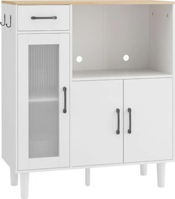 HOMCOM Kredens kuchenny z szufladą, 2 szafkami, otwartą półką, prążkowanymi drzwiami z akrylu 80 x 34 x 91 cm Biały + Dąb | Aosom PL