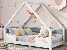 Łóżko domku 90x200 cm - z drewna sosnowego - z zabezpieczeniem przed upadkiem i stelażem lamelowym - Biały