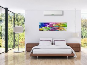 Obraz - Mur z cegły z kolorowymi płomieniami (170x50 cm)