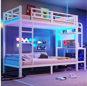 Łóżko piętrowe 90 x 200 cm - Konstrukcja żelazna - Schowki - Biurko - Oświetlenie LED - Port USB - biały (materac nie wliczony w cenę)