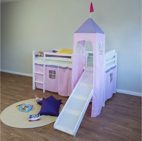 Łóżko piętrowe 90x200 cm różowe, lite drewno sosnowe, zasłona