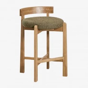 Wysoki Stołek Z Drewna Dębowego I Tapicerki Manila Naturalna & ↑65 Cm & Bouclé Salvia Zieleń - Sklum