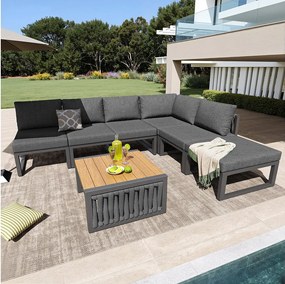 Salon ogrodowy, zestaw mebli, lin, na 5 osób - kanapa narożna - stolik kawowy i drewniany blat - z żelaza ocynkowanego, Szary