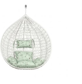 Białe wiszące krzesło KOKON bez stojaka, jasnozielona poduszka ze wzorem