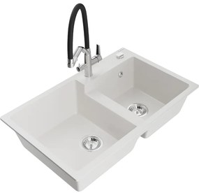 Mexen Tomas zlewozmywak granitowy 2-komorowy z baterią kuchenną Duo, biały - 6516-20-671701-07