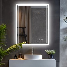 Lustro łazienkowe prostokątne LED z 3 regulowanymi kolorami oświetlenia 90x70cm