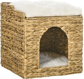PawHut Rattanowy domek dla kotów 2 poziomy Jaskinia z poduszką Chatka | Aosom PL