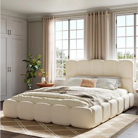 Łóżko tapicerowane dwuosobowe - 180 x 200 cm - z podstawą z listew + zagłówek - aksamitne - beżowe