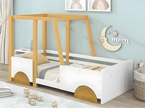 Łóżko dziecięce z litego drewna sosnowego 90x200cm - w kształcie jeep'a - Białe i Naturalne