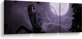 Obraz - Nocna sowa, fioletowy (z zegarem) (90x30 cm)