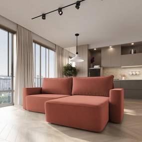 Masseno Narożnik BELISE z funkcją spania i pojemnikiem na pościel Narozniki L, Rozkładana sofa - Koralowy, CASTEL 55