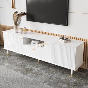 Biały stolik pod TV - stolik pod TV z 2 drzwiami i 1 szufladą - 1 otwarta przestrzeń do przechowywania