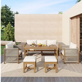 Zestaw ogrodowy 6-elementowy - sofa 3-osobowa + 2 fotele + 2 hokery + 1 stół - akacja - beż