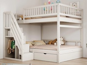 Łóżko piętrowe 140x200cm - z drabinką bezpieczeństwa - z 1 szufladą - z stelażem na listwach - białe (materac nie wliczony)