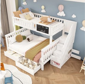 Łóżko piętrowe 90 x 200 / 140 x 200 cm z drabinką, tablicą, 2 szufladami i szafkami – lite drewno i płyta MDF – białe (materac nie jest wliczony w cenę)