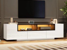 Wysokopołyskowa szafa pod TV 180×40×48 cm - z oświetleniem LED - 1 szuflada i 2 drzwi - na telewizory 75-calowe - biała