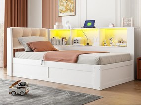 Kanapa-łóżko 90x200cm - z oświetleniem LED - z praktyczną półką do przechowywania - z portem USB - biała (materac nie w zestawie)