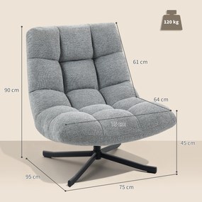 HOMCOM Fotel obrotowy lounge z szerokim siedziskiem, wodoodporny efekt chenille, stalowa krzyżowa podstawa, szary | Aosom PL