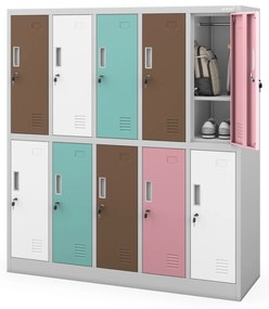 Szafka szkolna BHP szaro-pastelowa: 10-komorowa BARTUŚ, 1360 x 1500 x 450 mm