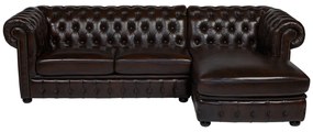 Kanapa narożna BRENTON w stylu Chesterfield, 100% skóry bawolej – kolor brązowy z kasztanowymi refleksami – Narożnik prawostronny
