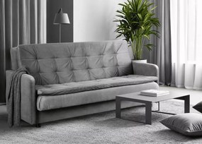 Sofa rozkładana Fritkit szara – nowoczesna welurowa kanapa z funkcją spania i pojemnikiem