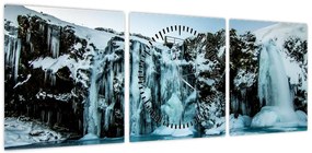 Obraz zamarzniętych wodospadów (z zegarem) (90x30 cm)