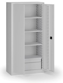 Szafa warsztatowa, 4 półki + 2 szuflady, 1950 × 950 × 500 mm, szare drzwi