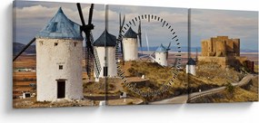 Obraz - Wiatraki Consuegra, Hiszpania (z zegarem) (90x30 cm)