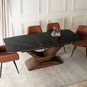 Zestaw Stół Rozkładany Ceramiczny ALICANTE 160-200 cm Czarny/Orzech i 4 Krzesła Tapicerowane EDRICK Rude