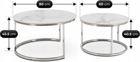 Zestaw Stolików Kawowych AMARA MAX 60 cm/80 cm Biały Marmur/Srebrny Glamour
