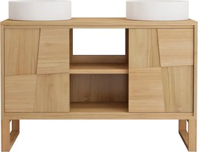 Szafka łazienkowa na nóżkach z drewna tekowego z okrągłą umywalką nablatową ceramiczną - szer.120 cm - MATARAM