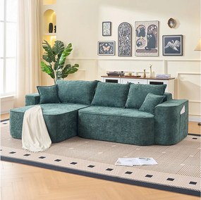 Modułowa kanapa narożna lewa - Chenille Zielony - 3 poduszki i 2 podgłówki - 262x144x65cm