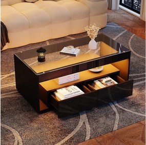 Czarny stolik kawowy, prostokątny stolik kawowy z oświetleniem LED i 2 szufladami, szklany blat