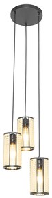 Orientalna lampa wisząca czarna z rattanu 3-światłowa okrągła - Akira Retro Oswietlenie wewnetrzne