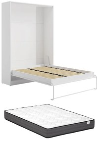 Łóżko chowane w ścianie w ścianę 140 x 200 cm - Otwieranie pionowe ręczne - Białe + Materac - BEGANIO