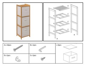 Wysoki regał bambusowy TIDY z 3 materiałowymi koszami, wys. 109,5 cm