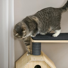 PawHut Drapak dla kota z kołowrotkiem 4-poziomowe drzewo dla kota domek dla kota z sizalowymi słupkami lite drewno