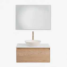 Zestaw Wiszących Mebli Łazienkowych Z Drewna Jesionowego Tedrik Popielaty Brąz & Cement Okrągły Biały - Sklum