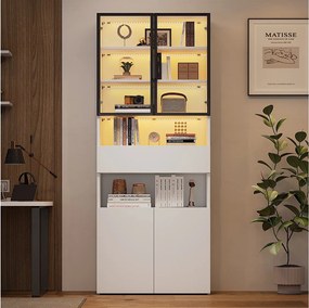 Biała witryna LED z 4 drzwiami i 1 szufladą do przechowywania - do salonu i gabinetu