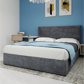 Łóżko z pojemnikiem 140 x 200 cm - Łóżko dla dorosłych z podnośnikiem i miękkim zagłówkiem - szary aksamit - materac nie jest wliczony w cenę