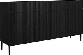Komoda czterodrzwiowa Nicole 200 cm z szufladami z ryflowanym frontem - czarny mat / czarne nóżki