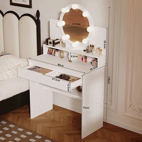 Toaletka kosmetyczna biała 80 cm z okrągłym lustrem LED, szufladą i półkami