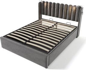 Łóżko ze schowkiem 160 x 200 cm - lampka do czytania i USB - tkanina lniana - kolor szary + materac