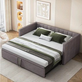 Łóżko wysuwane 90/180 x 200 cm z wezgłowiem - Aksamit - Sofa rozkładana - Stelaż listwowy - Szary