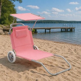 Leżak plażowy Solmare z daszkiem i kołami - składany leżak ogrodowy, różowy