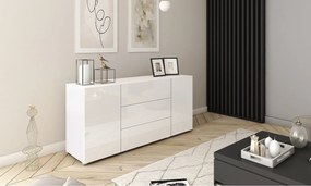 Nowoczesna komoda 150 cm – stojąca, 3 szuflady i 2 szafki, korpus biały mat, fronty białe połysk