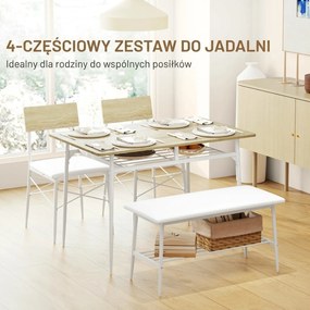 HOMCOM 4-częściowy zestaw stołowy z krzesłami i ławką na 4 osoby, siedzenia tapicerowane, stalowy stelaż, drewno, Biały